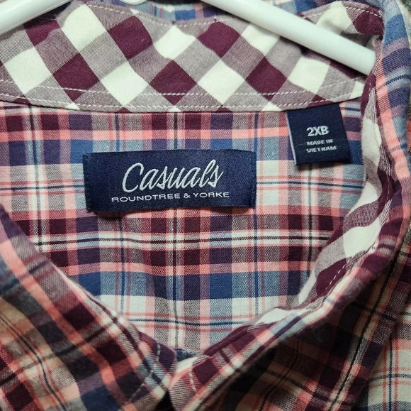 Men's Big & Tall Roundtree & Yorke Casuals Button Long Sleeve Shirt 2X Red Plaid - Picture 2 of 9